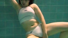 Amateur busty brunette masturbates and does hand job