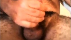 Hairy Latino Daddy Bear Strokes His Fat Cock