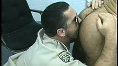 Horny guard trades favors for his inmates for some hot, gay threesome fucking