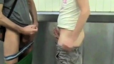 2 boys getting off in public toilet